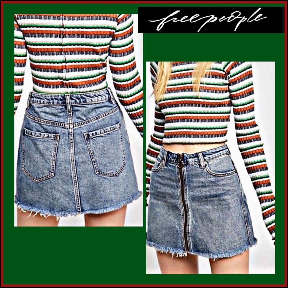 FREE PEOPLE Zip- Up Boho Grunge Denim Skirt Sz 27